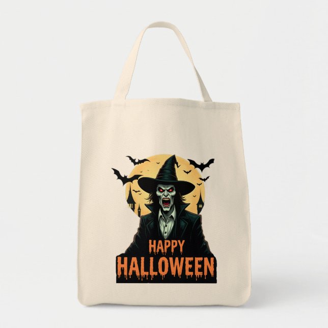 Bolsa Tote halloween, bruxa, lua de cheio, morcegos, assustad (Frente)