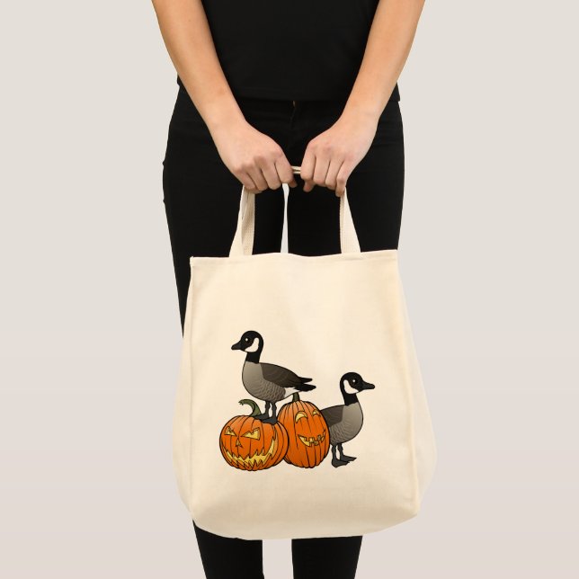 Bolsa Tote Halloween Canada Geese Birds com Jack-o-lanternas (Frente (produto))