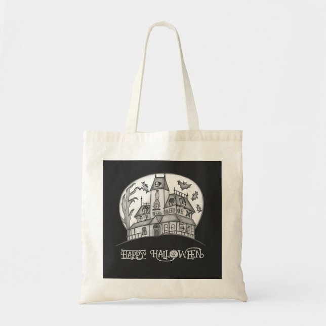 Bolsa Tote Halloween, Casa Assombrada e Morcegos (Frente)