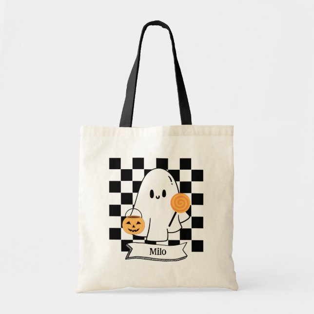 Bolsa Tote Halloween Checkered Ghost Kids Candy Tote Bag (Frente)