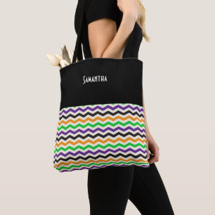 Bolsa Tote Halloween Chevron Green Purple Black Orange Name