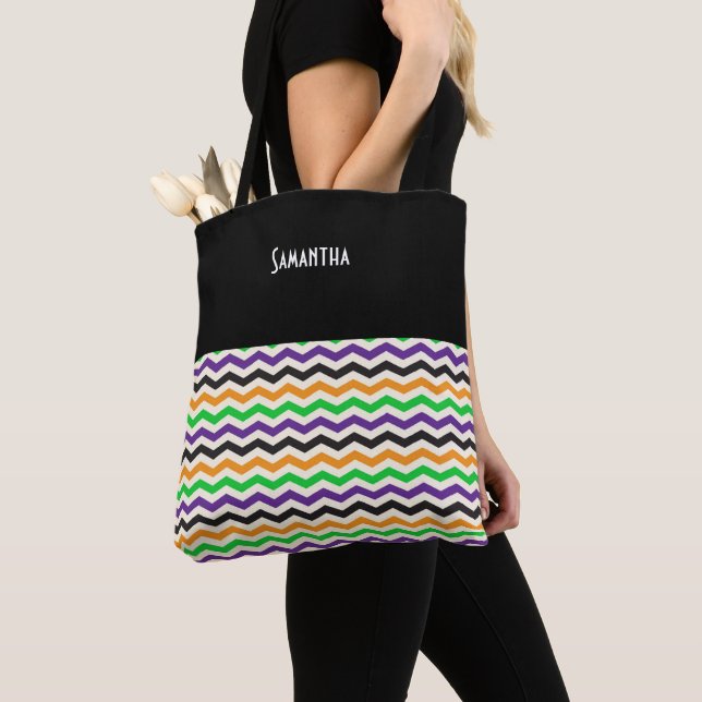 Bolsa Tote Halloween Chevron Green Purple Black Orange Name (Close Up)