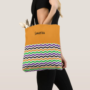 Bolsa Tote Halloween Chevron Green Purple Black Orange Name