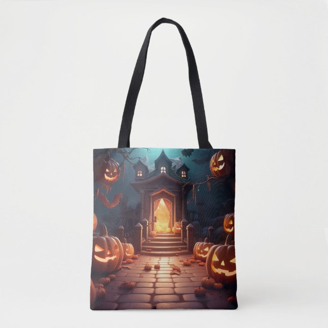Bolsa Tote Halloween de abóbora brilhante (Frente)