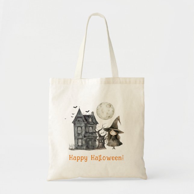 Bolsa Tote Halloween de bruxa assombrada de bruxa (Frente)