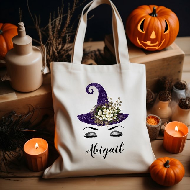 Bolsa Tote Halloween de bruxas roxas bonitas personalizadas (Criador carregado)