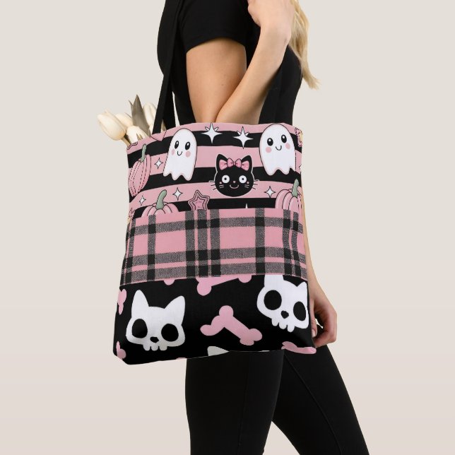 Bolsa Tote Halloween do Gótico de Pastel rosa-branca (Close Up)