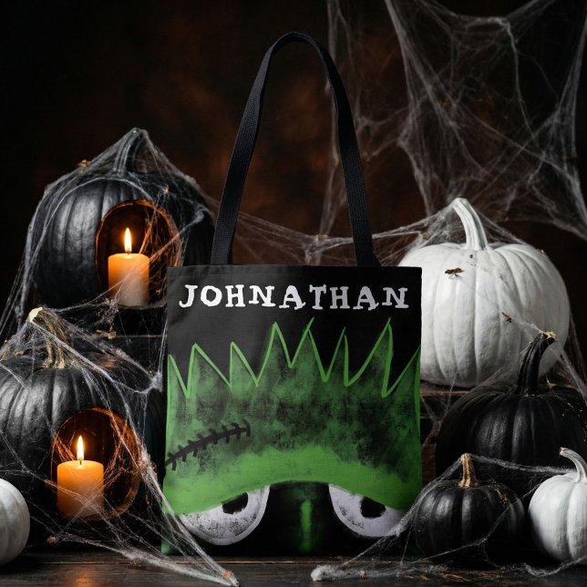Bolsa Tote Halloween do monstro do Frankenstein preto e verde (Black & Green Frankenstein Monster Face Halloween Tote Bag)