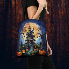 Bolsa Tote Halloween Haunted House com Pumpkins