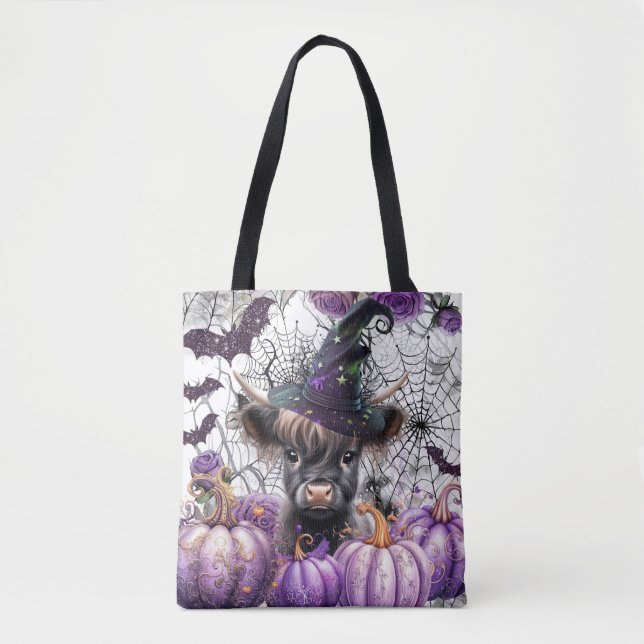 Bolsa Tote Halloween Highland Cow Witple Pumpkins (Frente)