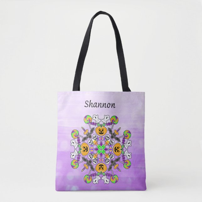 Bolsa Tote Halloween Mandala Ghosts, Pumpkins, Morcegos e Crâ (Frente)