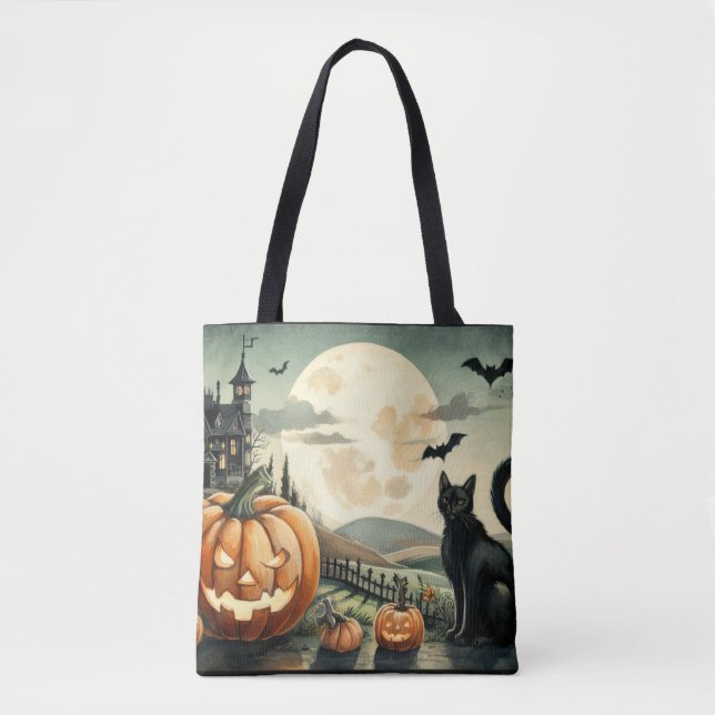 Bolsa Tote Halloween/outono/Outono/Abóbora/gato (Frente)