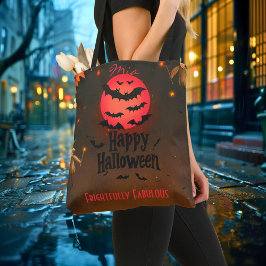 Bolsa Tote Halloween personalizado com espantalho e morcegos
