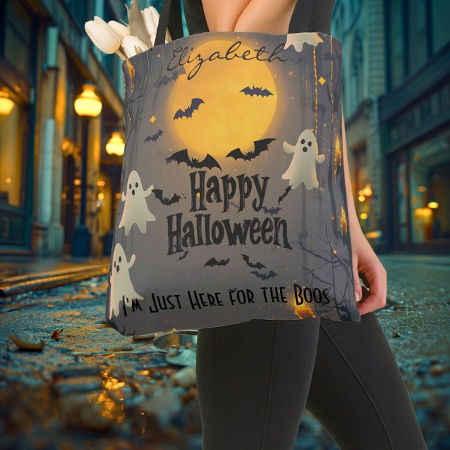 Bolsa Tote Halloween personalizado com fantasmas e lua cheia (Criador carregado)
