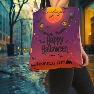 Bolsa Tote Halloween Personalizado com Lua Cheia e Gatos Pret