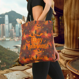 Bolsa Tote Halloween personalizado com morcegos, bruxas e lua