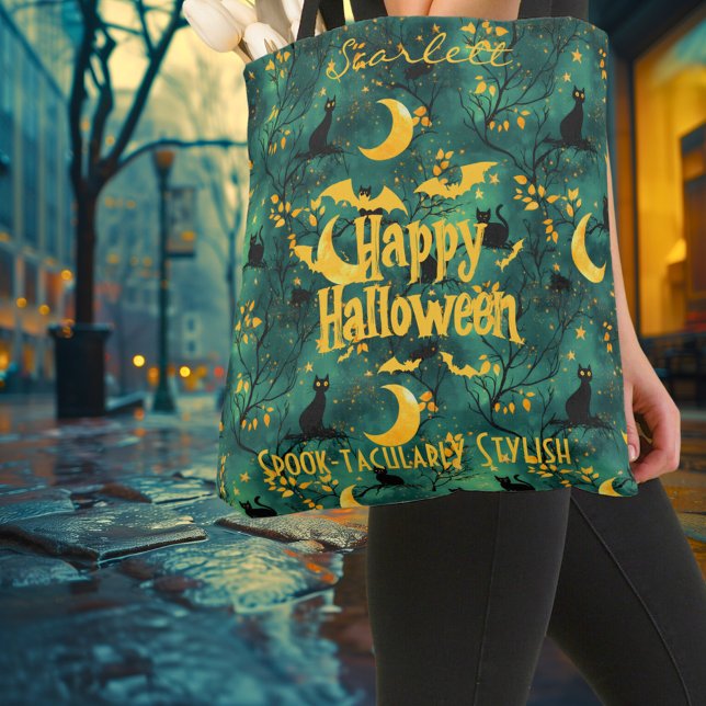 Bolsa Tote Halloween personalizável com gatos, morcegos e lua (Criador carregado)