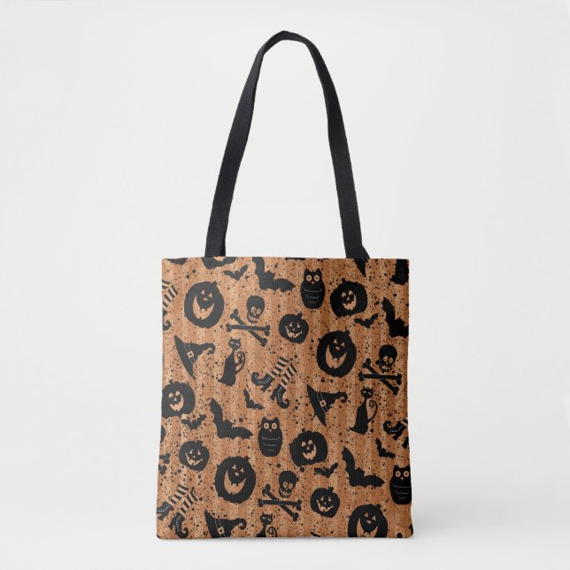 Bolsa Tote Halloween Pumpkins Bats Skulls Witls Boots Orange (Frente)