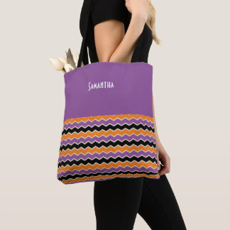 Bolsa Tote Halloween Retro 1950s Chevron Purple Orange Name