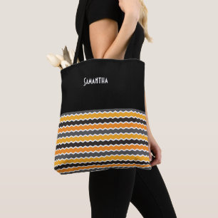 Bolsa Tote Halloween Retro 1960s Chevron Black Orange Name