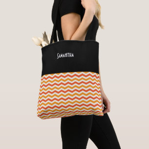 Bolsa Tote Halloween Retro Chevron Black Orange White Name