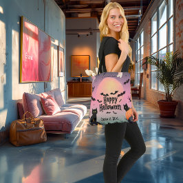 Bolsa Tote Halloween rosa e preto com morcegos e gatos pretos