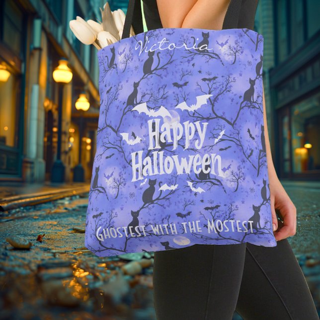 Bolsa Tote Halloween roxo com gatos e morcegos pretos (Criador carregado)