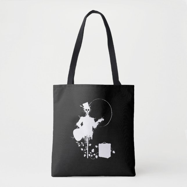 Bolsa Tote Halloween Scarecrow Tocando Guitarra Crânio (Frente)