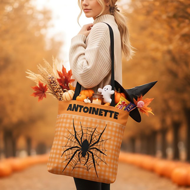 Bolsa Tote Halloween Spider in Cobweb Orange Gingham Plaid (Criador carregado)