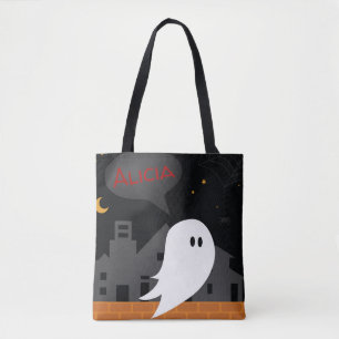 Bolsa Tote Halloween trata o saco fantasma fofo nome personal