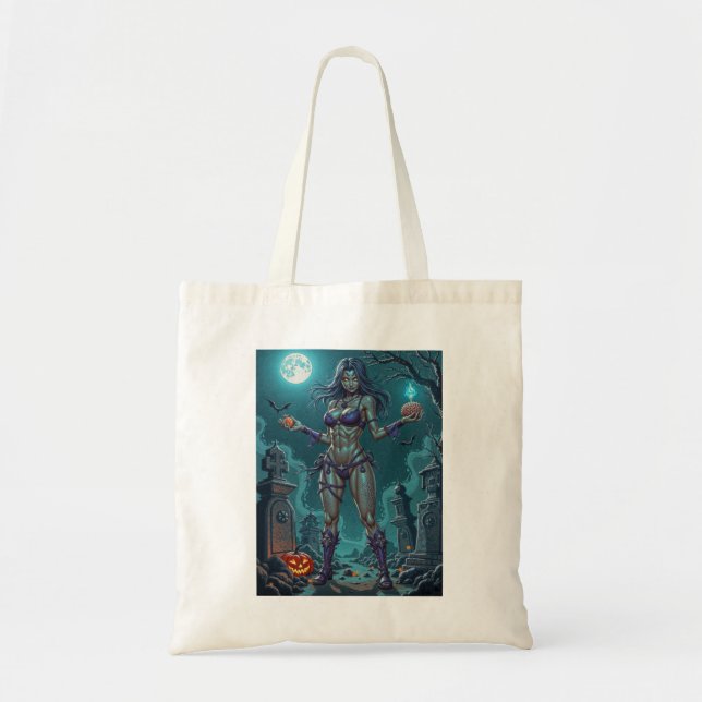 Bolsa Tote Halloween Treat ou Zombie Namorada w Cérebros (Frente)