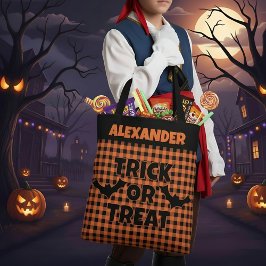 Bolsa Tote Halloween Trick or Treat Orange & Black Plaid Name