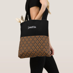 Bolsa Tote Halloween Victorian Damask Black Orange Name