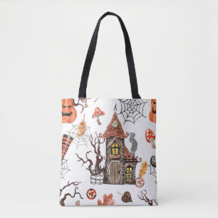 Bolsa Tote Halloween Watercolor: Padrão De Casa Assombrada.