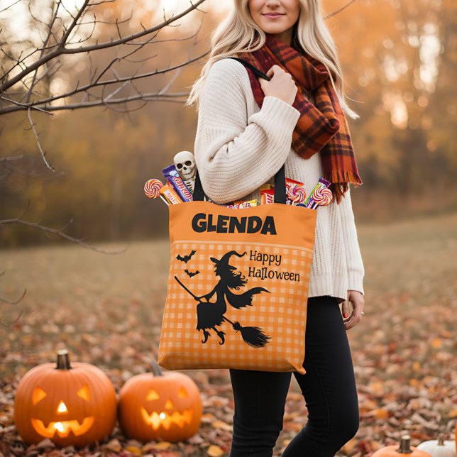 Bolsa Tote Halloween Witch & Bats Orange Plaid Custom Name (Criador carregado)