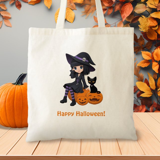 Bolsa Tote Halloween Witch, Black Cat, and Curved Pumpkins (Criador carregado)