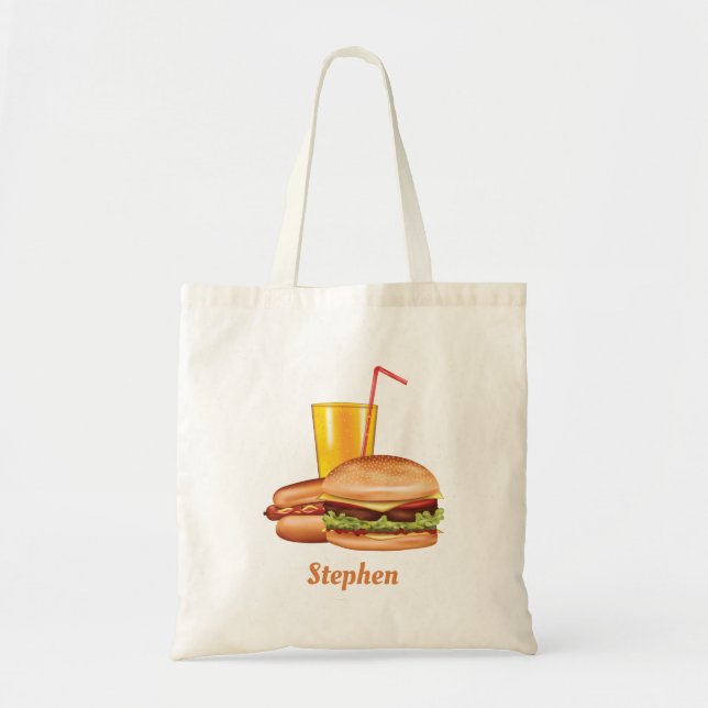 Bolsa Tote Hamburger E Cachorro-Quente Com Bebida E Nome (Frente)