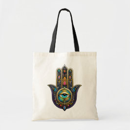 Bolsa Tote Hamsa Preto Colorido com Terceiro Olho Turquesa