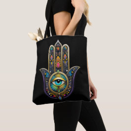 Bolsa Tote Hamsa Preto Colorido com Terceiro Olho Turquesa