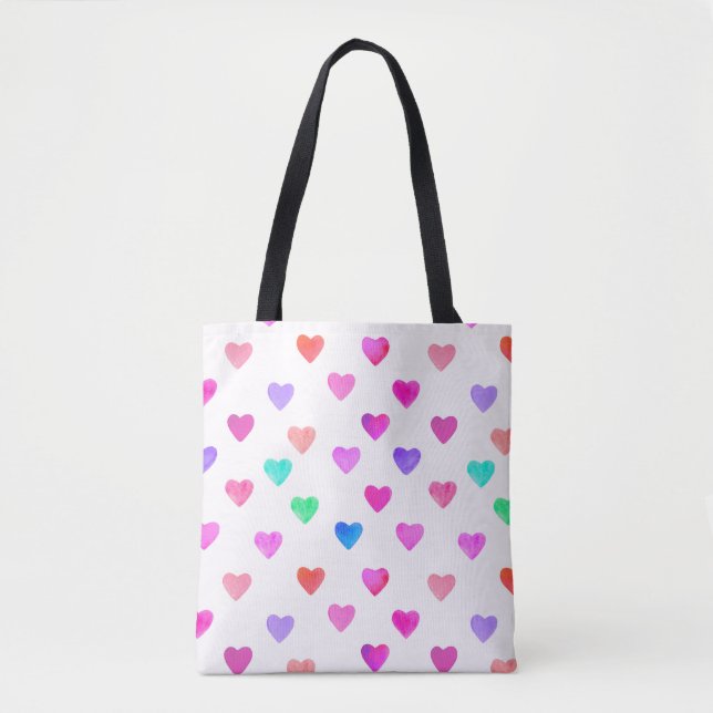 Bolsa Tote hand painted watercolor hearts pattern Valentine's (Frente)