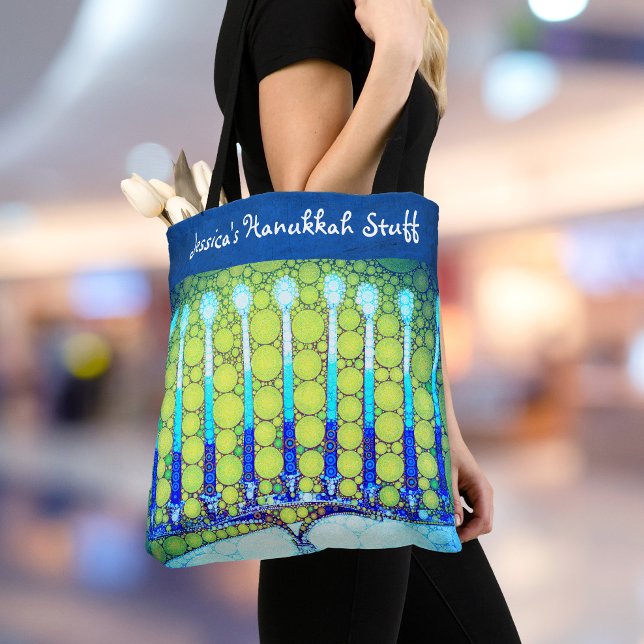 Bolsa Tote Hanukkah Blue Green Menorah Trendência de Nome Per (Criador carregado)