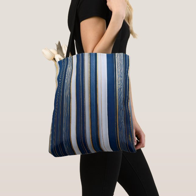 Bolsa Tote Hanukkah Blues Stripes Azul Branco Dourado (Close Up)