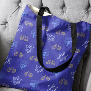 Bolsa Tote Hanukkah Dourada Dreidel Star de David Menorah Blu