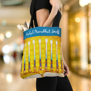Bolsa Tote Hanukkah Yellow Dourado Menorah Modern Custom Name