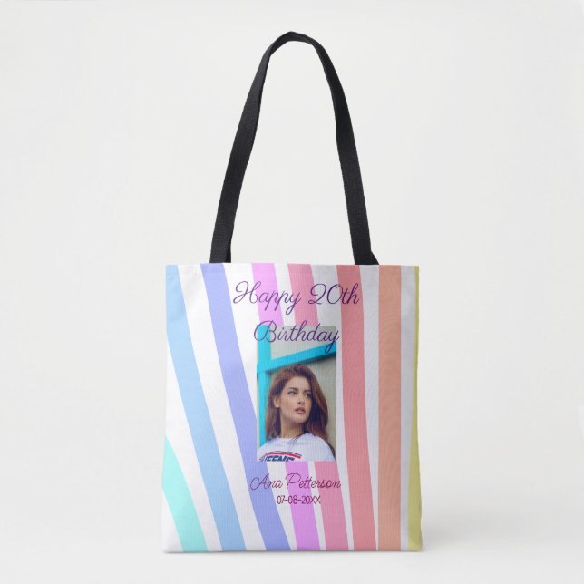 Bolsa Tote Happy 20th Birthday rainbow rustic boho lines phot (Frente)