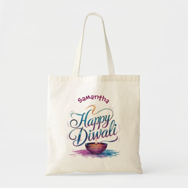 Bolsa Tote Happy Diwali customisable watercolour diya design (Frente)