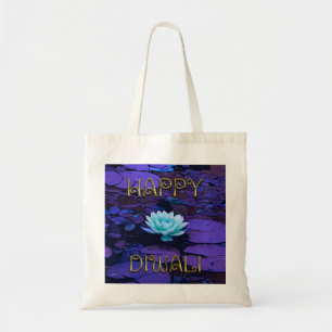 Bolsa Tote Happy Diwali Typografia Purple Floral Lotus Flower