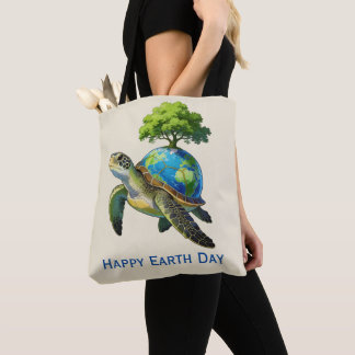 Bolsa Tote Happy Earth Day Turtle Planet and Tree