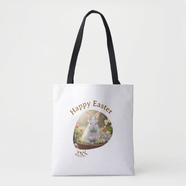 Bolsa Tote Happy Easter white bunny year photo family name  (Frente)