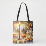 Bolsa Tote Happy Hanukkah<br><div class="desc">Ilustração de aquarela de Hanukkah. Uma mesa bem arrumada para uma comemoração festiva,  com uma menorah tradicional com velas iluminadas. Luz suave e quente,  enquanto decorações de férias adicionam um toque de alegria. Luzes quentes criando uma atmosfera acolhedora e convidativa.</div>